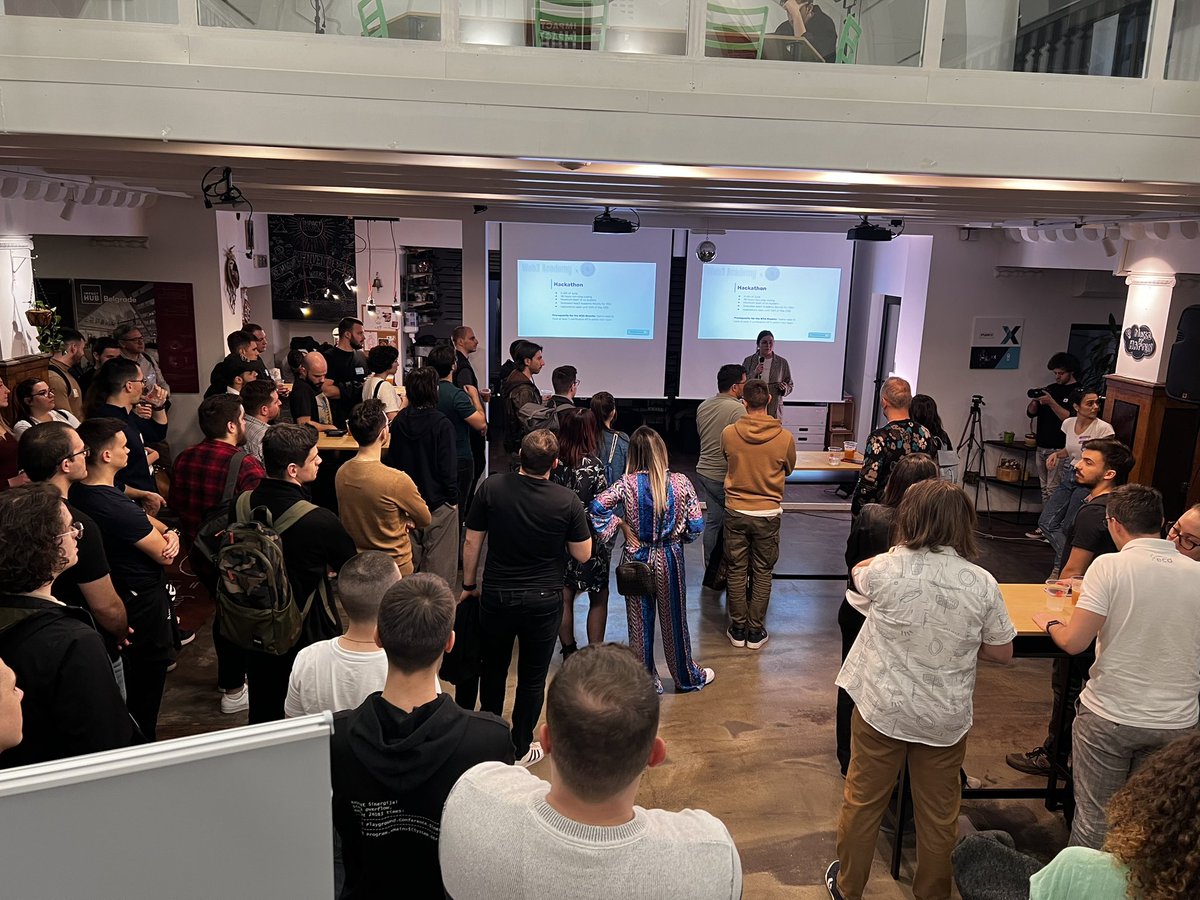 AtanasovskiP's tweet image. . @jelpej rocking the stage and presenting @mvpworkshop #web3academy &amp;amp; @ethbelgrade hackathon to academy participants, right before @blockem0n meetup where Sunny Kaiwar @myalya will present @0xPolygon Supernets