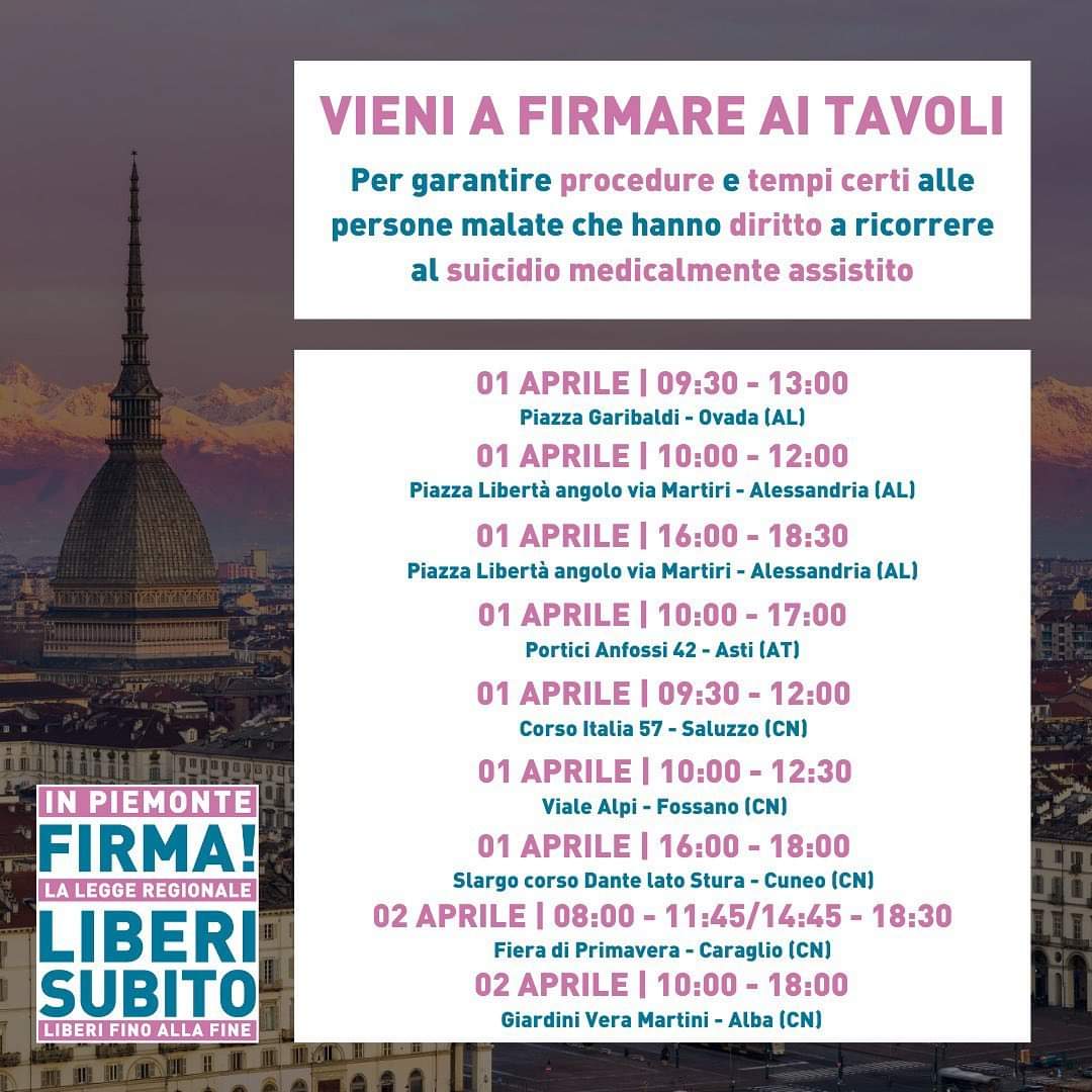 myo75ho's tweet photo. Ecco i banchetti di questo fine settimana dove potete firmare per la proposta di legge regionale sul suicidio medicalmente assistito
#liberifinoallafine #liberisubito https://t.co/nIPOJKkcef