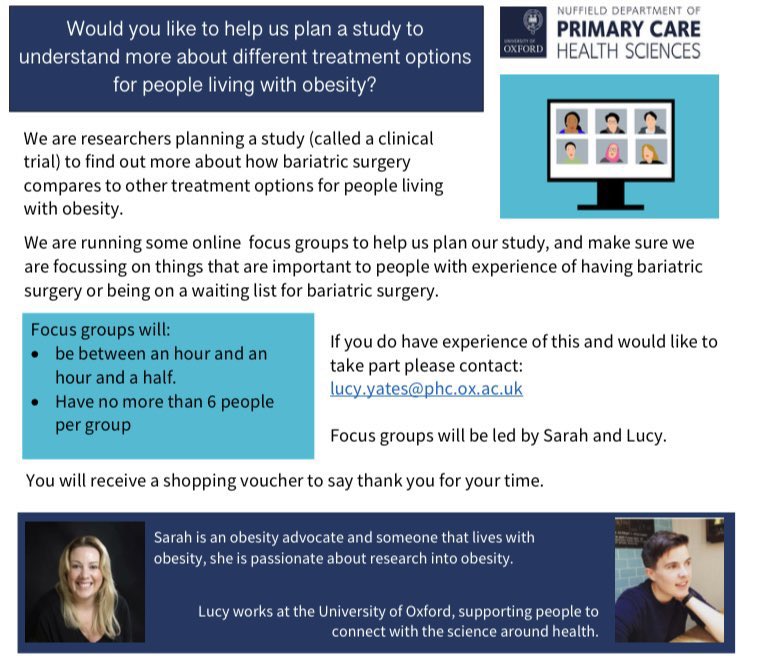 We would like to talk to people who live with obesity and have experience of bariatric surgery, or being on a waiting list for bariatric surgery, to help us plan some new research. Do get in touch with @museumsailor or myself if you would like to help. #obesity @AboutObesityorg