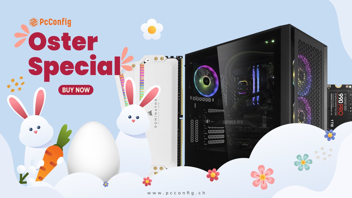 PcconfigSwiss's tweet photo. Frohe Ostern! 🐰🥚🌷 Bei https://t.co/vQJJDvPvks gibt's tolle Angebote für PCs, RAMs und SSDs. Jetzt vorbeischauen und die besten Deals sichern! 💻💾 #PCConfigOsterSpecial #UpgradeYourPC #HappyEaster 🐇🐣 #GamingPC #ComputerUpgrade #TechnikDeals #Rabatte https://t.co/wfvKGzfxlP