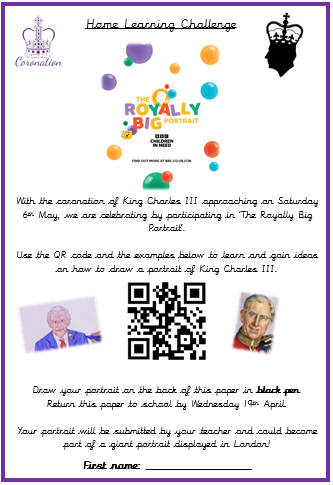 👑HOME LEARNING CHALLENGE👑 
With the King's coronation approaching, can you draw a portrait of King Charles III for the <a href="/BBCCiN/">BBC Children in Need</a> Royally Big Portrait? Return your portrait after the holidays to be in with the chance of your portrait being displayed in London. <a href="/Richmond_HT/">Richmond Academy</a>