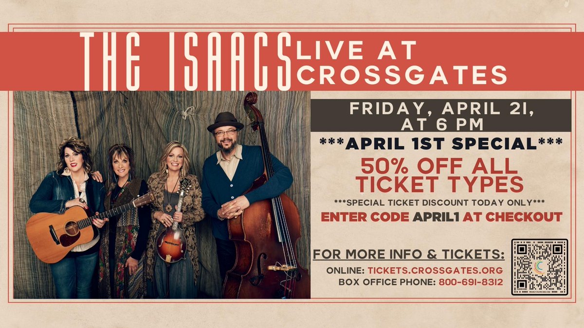 crossgatesbc's tweet photo. No April Fools joke here! Get 50% all tickets TODAY ONLY, APRIL 1! Enter code APRIL1 at checkout. The Isaacs Live at Crossgates on April 21, at 6 PM. https://t.co/ozdihUndZv