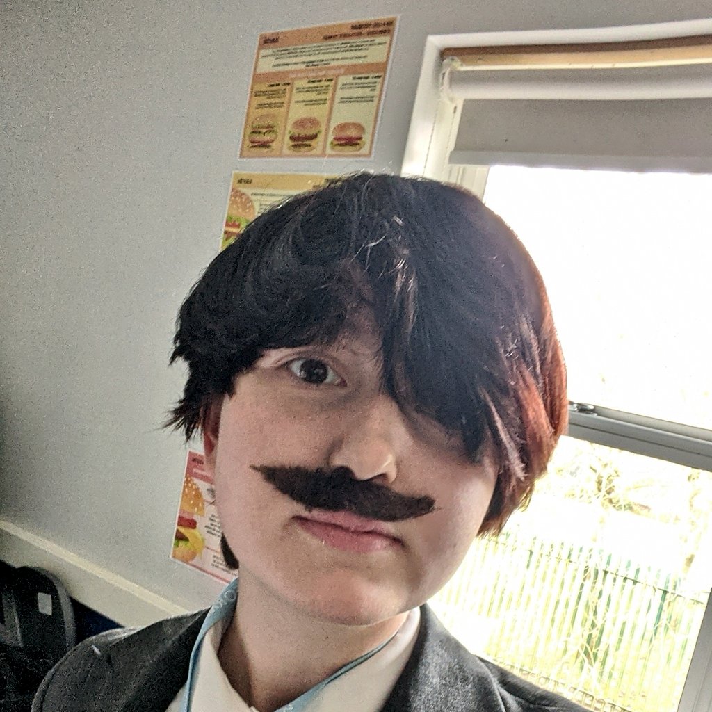 Void__Zer0's tweet photo. Day 3: Day At The Office. Got a lil fake moustache and everything lmao #femboy #dayattheoffice #dressup https://t.co/mUAzDJFq8L