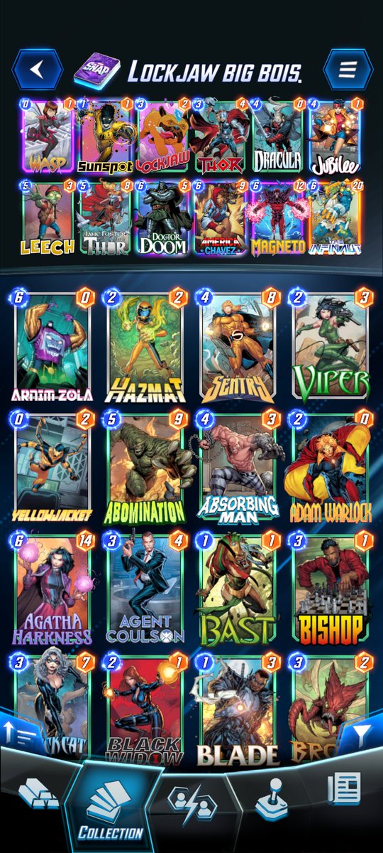 BCG_CS's tweet image. Hit Infinite in Marvel Snap this season, absolutely loving this game. Played a Lockjaw &amp;amp; Stats deck from 75 up, with a little Sera Control and Patriot Ultron mixed in.