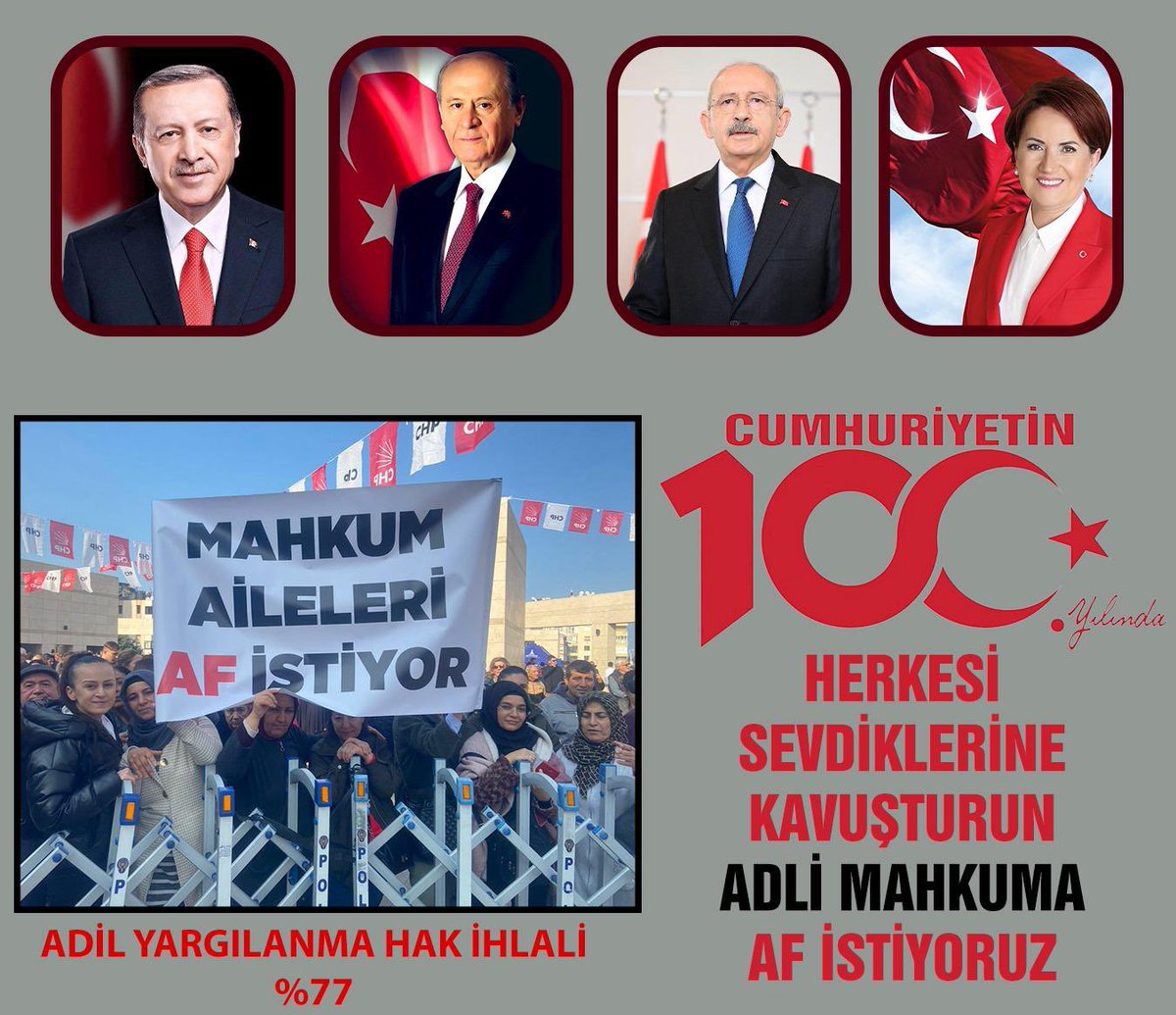 Her maddeden adil yargılanmayan binlerce insan var adil yargılanma hak ihlali %77 haksız yere ömürlük cezalar aldılar. EmpatiYapın BirlikteAffedin <a href="/RTErdogan/">Recep Tayyip Erdoğan</a> <a href="/meral_aksener/">Meral Akşener</a> <a href="/kilicdarogluk/">Kemal Kılıçdaroğlu</a> <a href="/dbdevletbahceli/">Devlet Bahçeli</a>