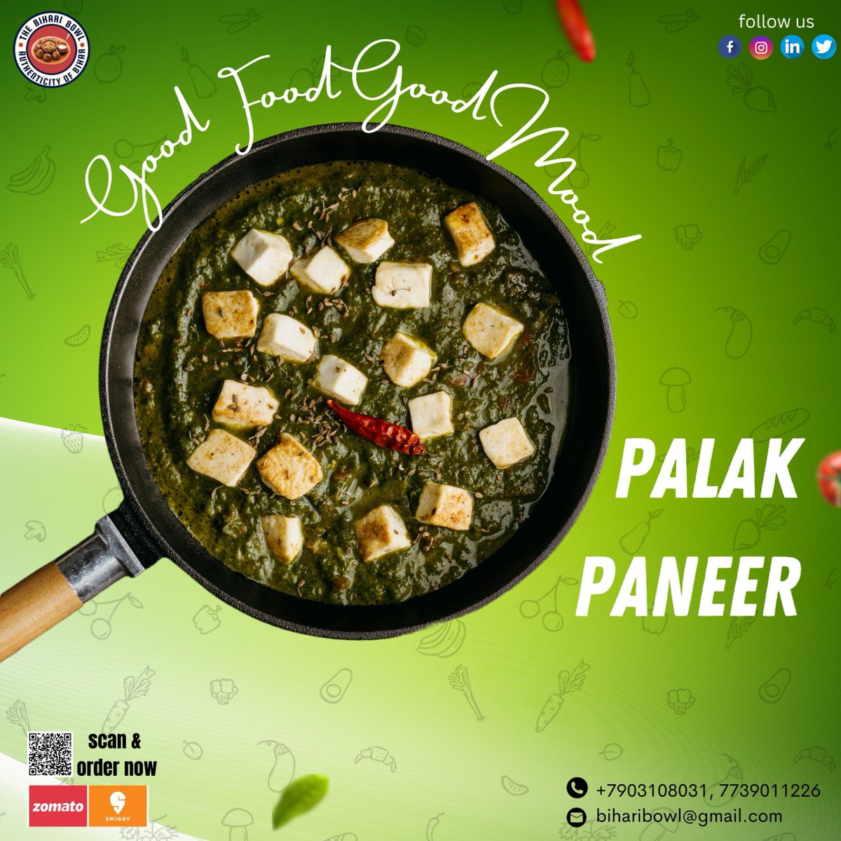 Good Food Good Mood
PALAK PANEER

ORDER NOW 😋
From the kitchen that cares about you
Zomato & Swiggy
📞 Call us now: +91 7903108031, 7739011226
📍 Visit us:- Plot No 308, Chhalera, Gali No 3, Near SRS Value Bazar, Sector 44, Noida, Uttar Pradesh 201303
#palakpaneer #thebiharibowl