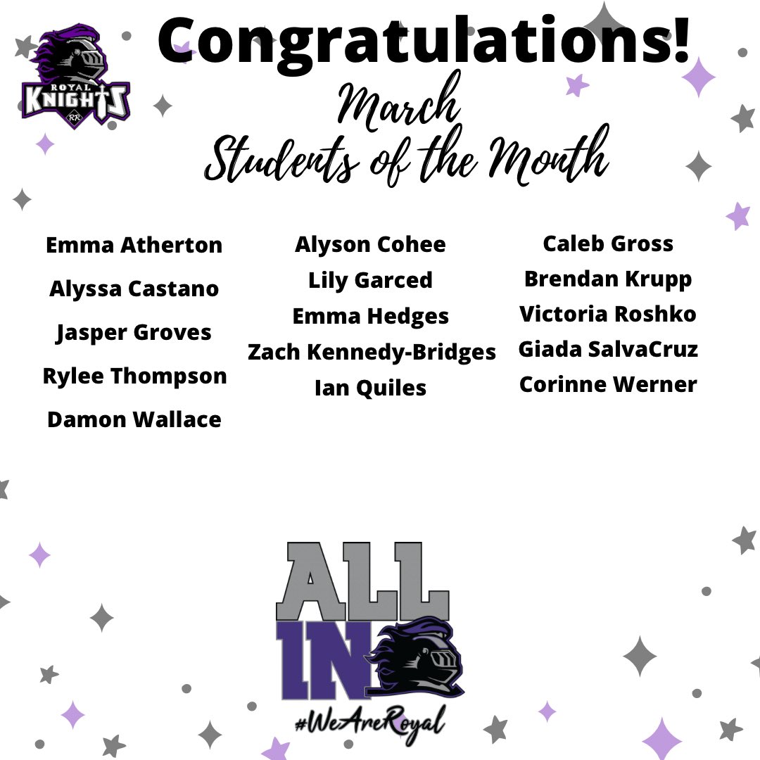 Congratulations to the <a href="/RRMSRoyalKnight/">RRMS</a> March Students of the Month! They are respectful responsible problem solvers! #Royalrewards