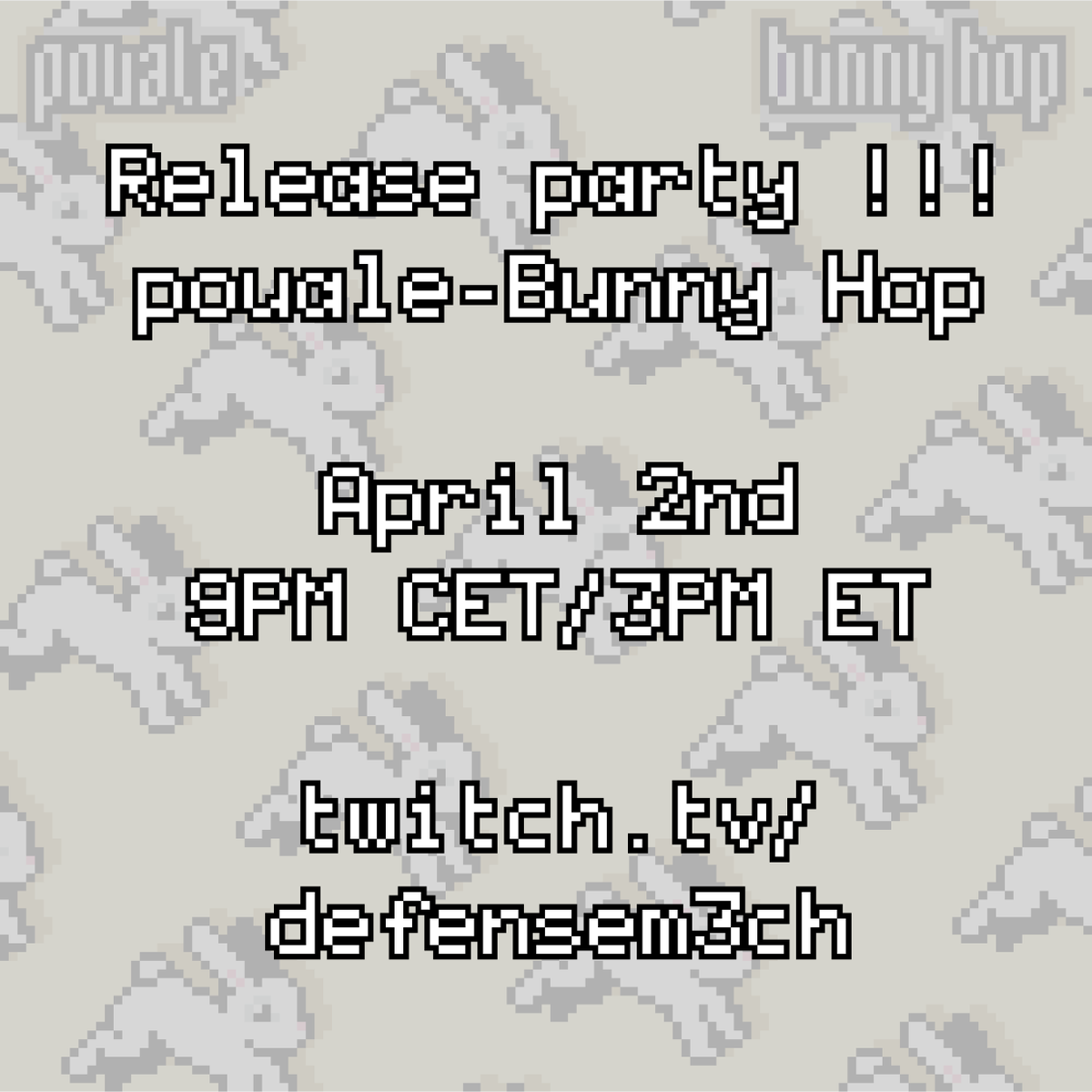 pouale's tweet photo. I'm having a release party for my NEW album "Bunny Hop" !!!🐰🏴‍☠️🐇

It's this sunday, 9PM european time (or 3PM eastern), over at @defensem3ch's twitch channel ! Come hang out and (re)discover some cool tunes !!! https://t.co/BipaqMEM9X