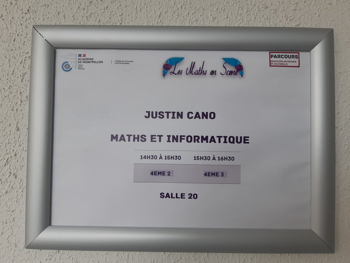 La journée #festival #lesmathsdanstousleursetats <a href="/LesMathsEnScene/">LES MATHS En SCENE #LMES</a> au @ClgGrazailles 
Les élèves du club #maths  Lycée Jules Fil <a href="/CarcaInfos/">Ville de Carcassonne</a> animent au 4ème 
Xavier Buff #mathematicien <a href="/maths_toulouse/">Les Maths à Toulouse</a> 
<a href="/Juste1Cano/">Justin Cano</a> doctorant robotique de <a href="/ISAE_officiel/">ISAE-SUPAERO</a> 
<a href="/polymtl/">Polytechnique Mtl</a> 
#planmath #EAC