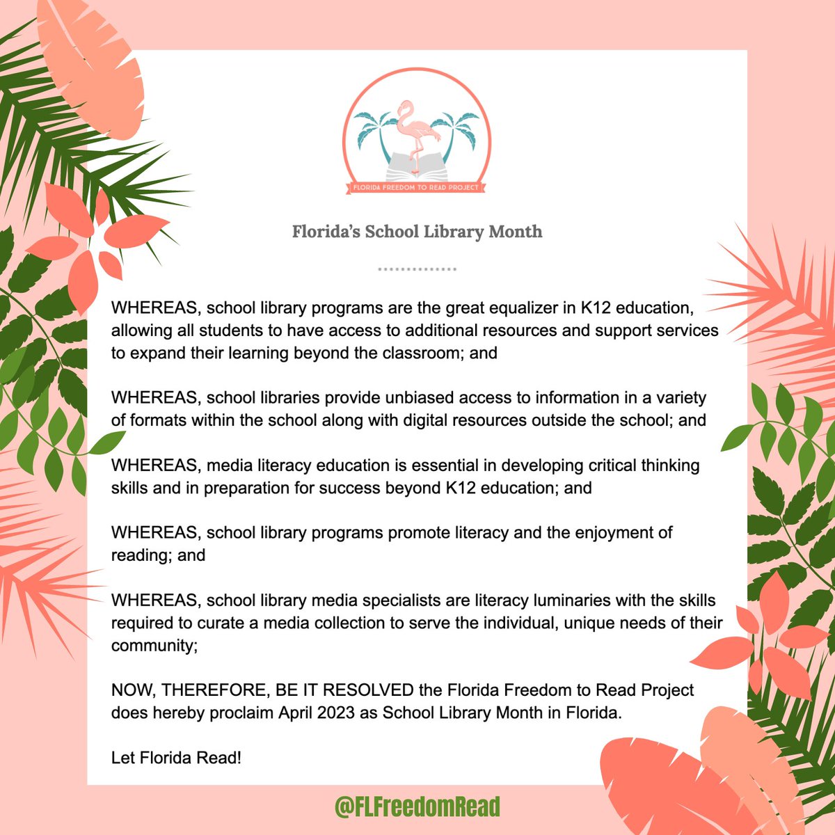 FLFreedomRead's tweet photo. The FLDOE said they will not recognize April as School Library Month, but that won’t stop our local districts & organizations like ours from proclaiming how valuable school libraries are to our communities.
Thank you to all the school media specialists around FL for all you do! https://t.co/CfBtY3i6V2