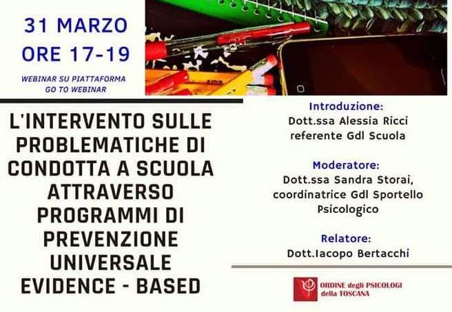 SandraStorai's tweet photo. Webinar Ordine Psicologi della Toscana.
L'intervento sulle problematiche di condotta a scuola attraverso programmi di prevenzione universale evidence based.
Alessia Ricci, Sandra Storai, Iacopo Bertacchi, 
Gruppo di Lavoro Sportello Psicologico. 
#psicologia #prevenzione #scuola https://t.co/XydswdfPNr