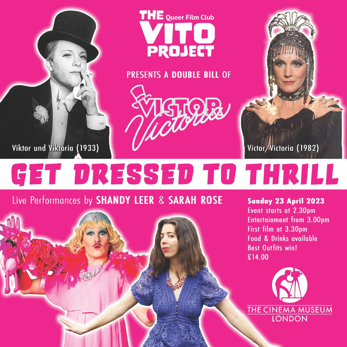 TheVITOProject's tweet photo. Join us for a #VictorVictoria Extravaganza @CinemaMuseum! 2 movies (1933 &amp; 1982 classics) on-stage performance, live music, bubbles, delish food by @ElephantCafeUK, iconic venue, outrageous outfits and the best crowd in town! Limited tix https://t.co/L6lsjXyBij #queerlondon https://t.co/ggSnKmcTbm