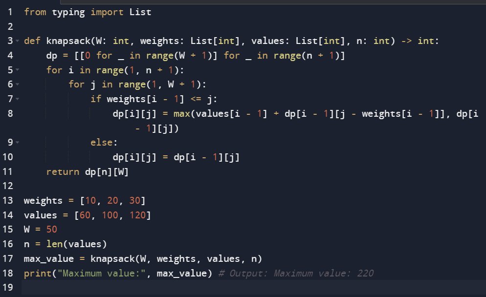 Xidea404's tweet image. Solving the 0/1 Knapsack problem in Python is easy with dynamic programming! Check out this code snippet that uses a 2D array to store the optimal values and solves for the maximum value that can be achieved with a given capacity. #Python #DynamicProgramming #KnapsackProblem