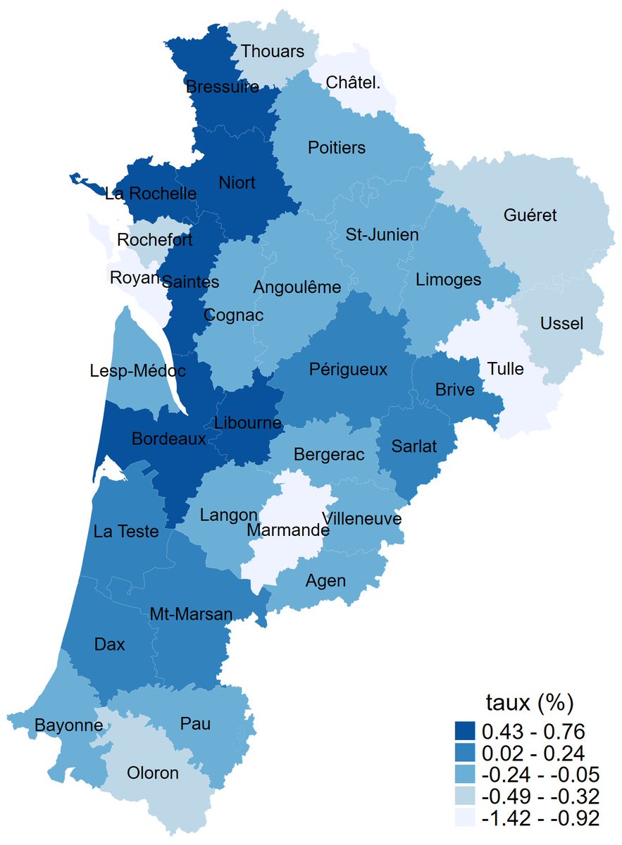 Les données emploi salarié privé hors agriculture par région, département et zone d'emploi viennent d'être publiées par l'URSSAF. Voici donc notre nouvelle note qui en synthétise les résultats sous forme de tableaux, graphiques et cartes, avec un focus Nouvelle-Aquitaine. 🧶1/6