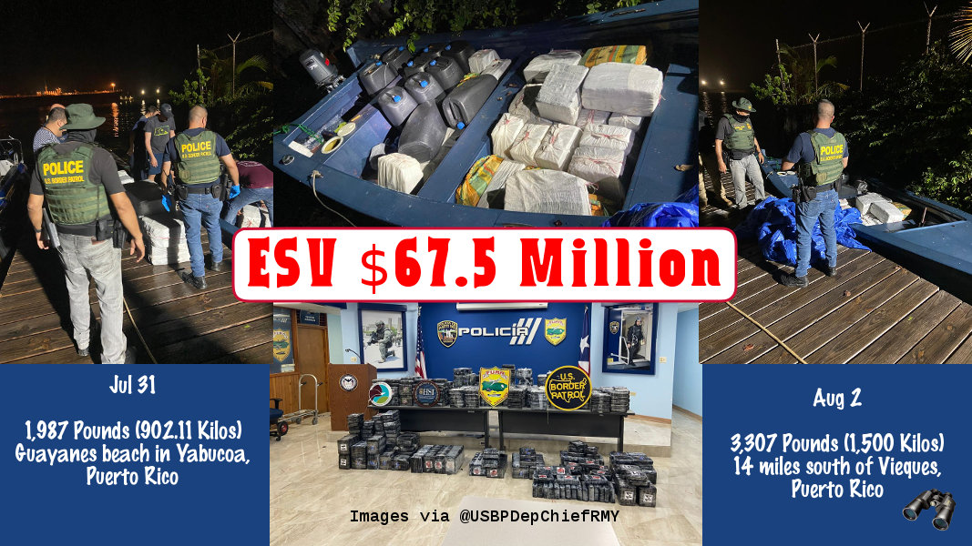 borderObserver's tweet photo. #CBP, #FURA Seize 5,294 Pounds of #Cocaine in Two Incidents in the Southeastern coast of Puerto Rico
https://t.co/fENirXIWMh
#RameySector - 3 Aug 2021
#CoastalTransgress

Jul 31 - 1,987 Pounds 

Aug 2 - 3,307 Pounds

#ESV $67.5M

#CBP_action qt-cbp-media-2490 #borderObserver https://t.co/E6QKbVnY45