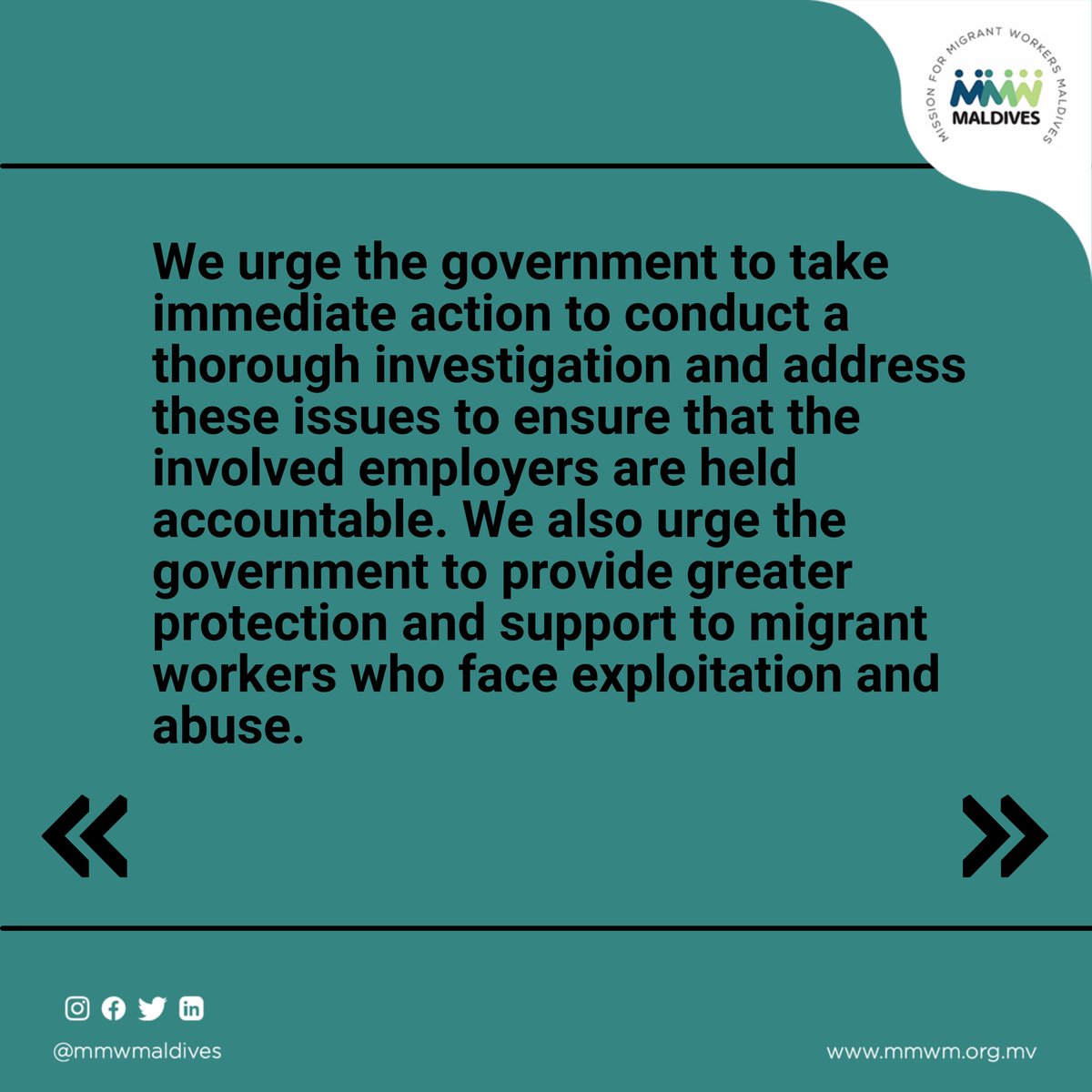 mmwmaldives's tweet photo. MMWM is deeply concerned about the ongoing protests by migrant workers over their wages being withheld &amp; their right to quality food, water &amp; healthcare. We urge the @governmentmv to conduct a thorough investigation to address these issues &amp; ensure accountability.
@MoEDmv @hrcmv https://t.co/Wa6nstCx0X
