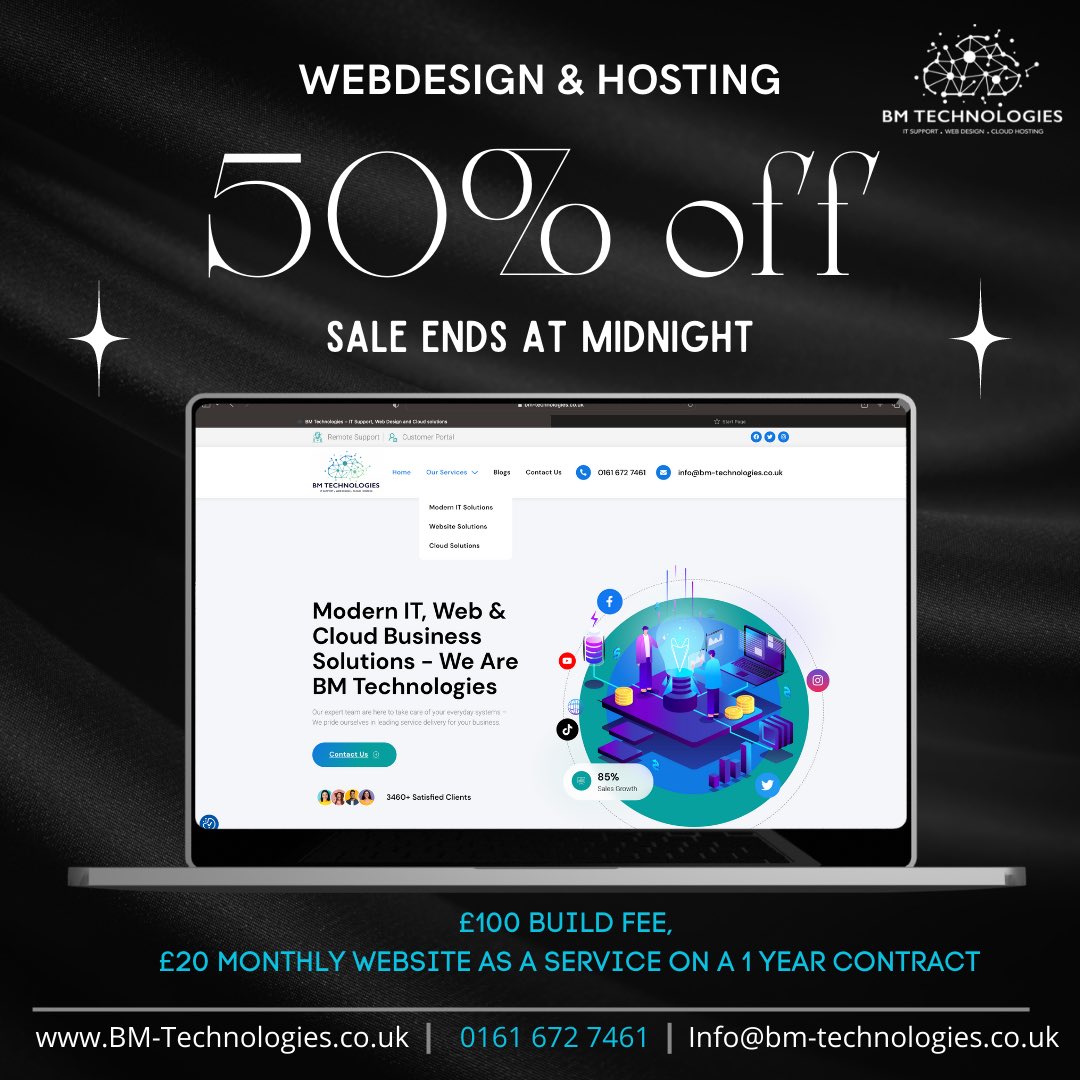 BMTechnologyIT's tweet photo. Last chance to get 50% off on all web designs! ‼️
Don't miss out on this limited-time offer to upgrade your online presence. 
Offer ends at MIDNIGHT tonight. ⏰Contact us now to get started. #webdesign #discount #lastchance #onlinesales #marketing https://t.co/QMjqfEDnmj