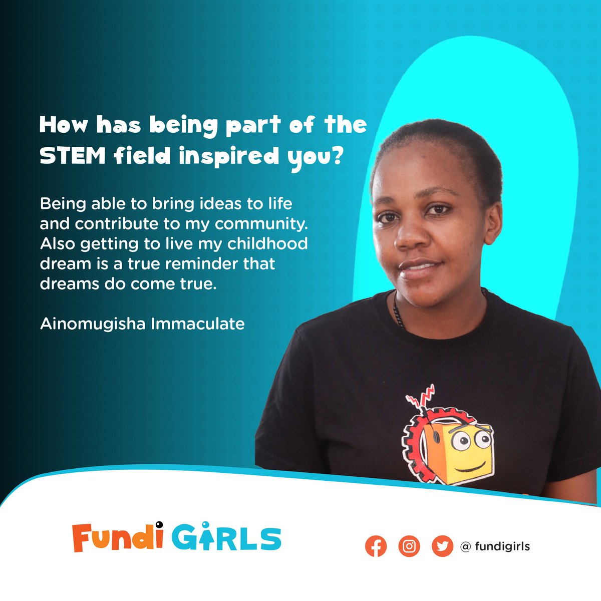 FundiGirls's tweet photo. ⭐️Women's Month Spotlight ⭐️
Immaculate Ainomugisha is a Technical Associate @FundiBots

Through her work, she gets to interact with many young people especially through our internship program. She trains, mentors &amp; helps prepare young people for the market place.
 #Fundigirls https://t.co/L0epqMFSAE