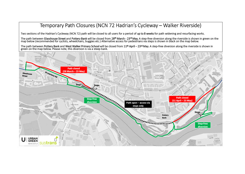SustransNorth's tweet photo. ⛔️ Temporary path closure: Hadrian's Cycleway, NCN72 ⛔️

#WalkerRiverside path:
▪️ Glasshouse Street - Pottery Bank: 28th March - 23rd May
▪️ Pottery Bank - West Walker Primary School: 11th April - 23rd May.

See images for diversions.

@urbangreencl https://t.co/KUIiX6fxDZ