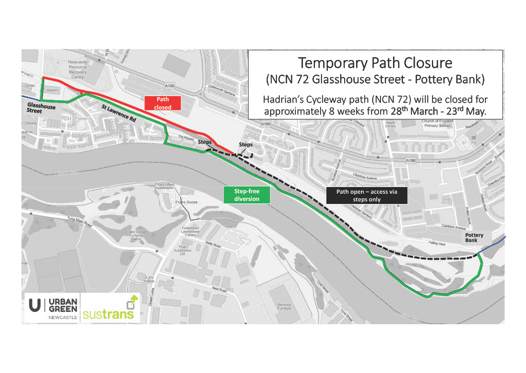 SustransNorth's tweet photo. ⛔️ Temporary path closure: Hadrian's Cycleway, NCN72 ⛔️

#WalkerRiverside path:
▪️ Glasshouse Street - Pottery Bank: 28th March - 23rd May
▪️ Pottery Bank - West Walker Primary School: 11th April - 23rd May.

See images for diversions.

@urbangreencl https://t.co/KUIiX6fxDZ
