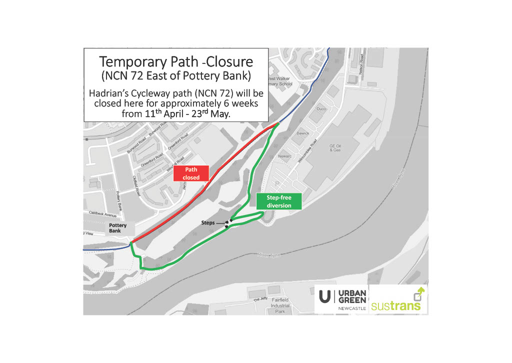 SustransNorth's tweet photo. ⛔️ Temporary path closure: Hadrian's Cycleway, NCN72 ⛔️

#WalkerRiverside path:
▪️ Glasshouse Street - Pottery Bank: 28th March - 23rd May
▪️ Pottery Bank - West Walker Primary School: 11th April - 23rd May.

See images for diversions.

@urbangreencl https://t.co/KUIiX6fxDZ