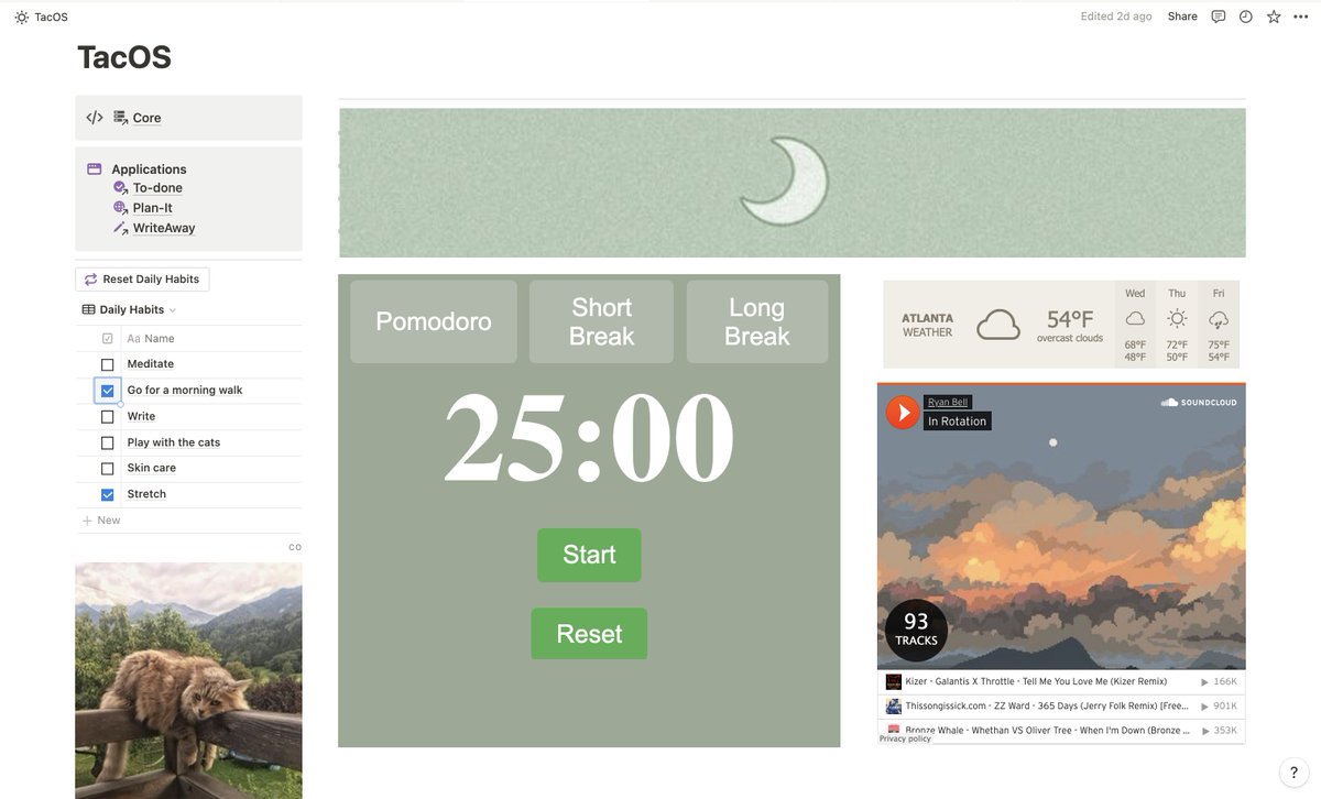 amaris_digital's tweet image. Just finished a re-design of my personal home dashboard in @NotionHQ
What do we think? Any of y'all got some cool dashboard updates to share?
#notiontwt #notionlayout