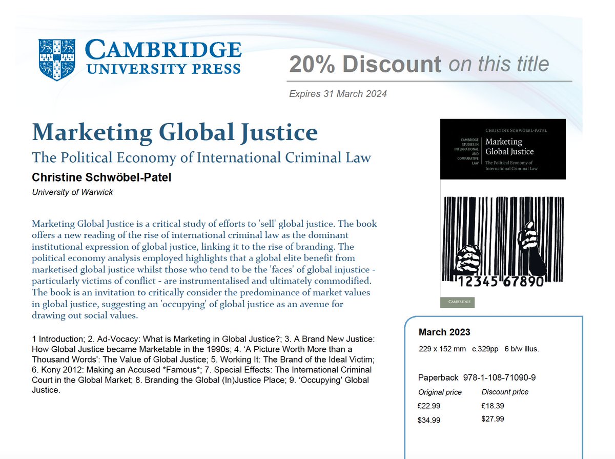 Marketing Global Justice out in paperback & more affordable. With code HIST1223 £18.39 ✨ If you have ever wondered why International (Criminal) Law has a tendency to oversell and underdeliver, this book may be for you... Dunno, still seems relevant? cambridge.org/de/academic/su…