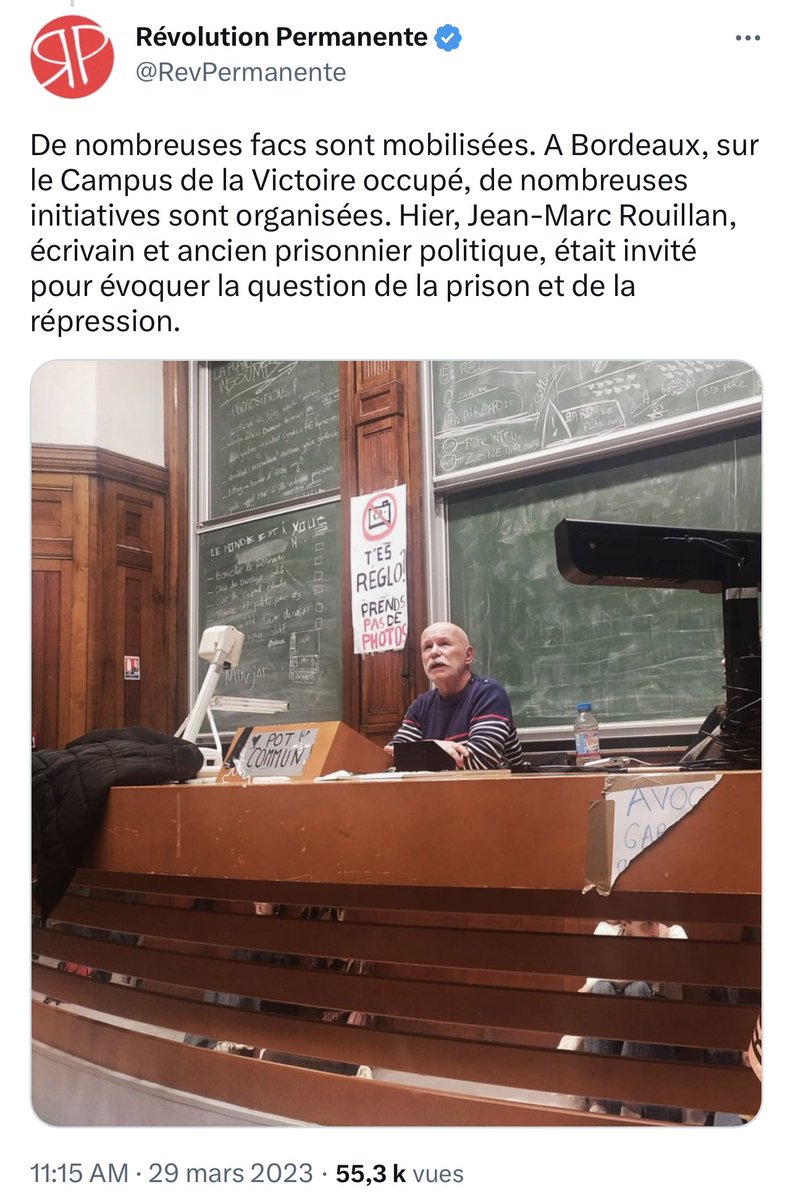 Honte à ceux qui, sous couvert de lutte c/ la réforme des retraites ont invité à Bordeaux dans un amphi de fac un terroriste condamné pour complicité dans deux assassinats dans les années 80. <a href="/RevPermanente/">Révolution Permanente</a> <a href="/OserLaFrance/">Oser la France</a> <a href="/GDarmanin/">Gérald DARMANIN</a> <a href="/Le_Figaro/">Le Figaro</a> <a href="/Valeurs/">Valeurs actuelles ن</a> <a href="/CNEWS/">CNEWS</a> @ECiotti <a href="/renault_fr/">Renault France</a>
