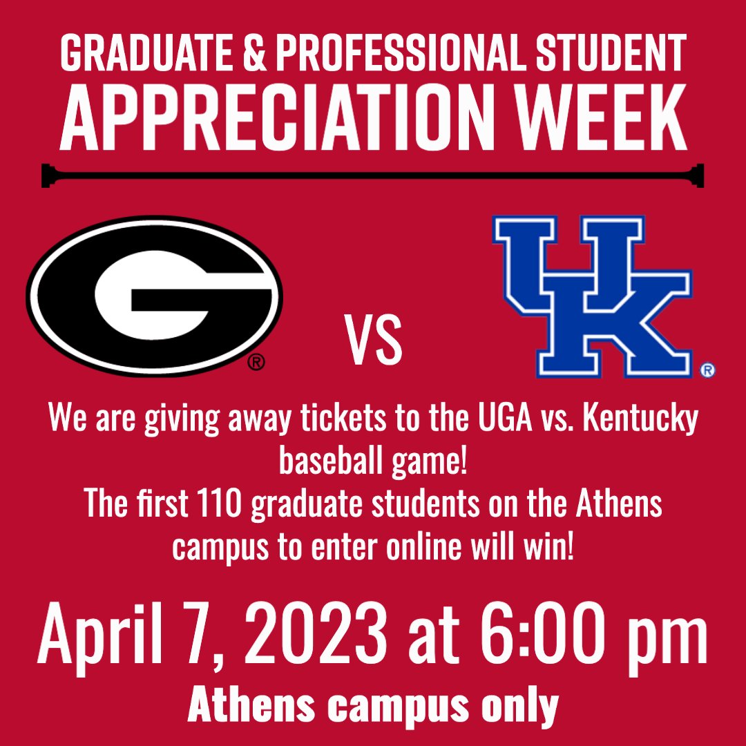 The Graduate School is giving away tickets* to the April 7 UGA vs. Kentucky baseball game. The first 110 graduate students to fill out this survey will win! ugeorgia.ca1.qualtrics.com/jfe/form/SV_0x… Athens campus only! #Committo #GradDawgs #GradStudies #UGA #UGAgraduateschool #GODawgs