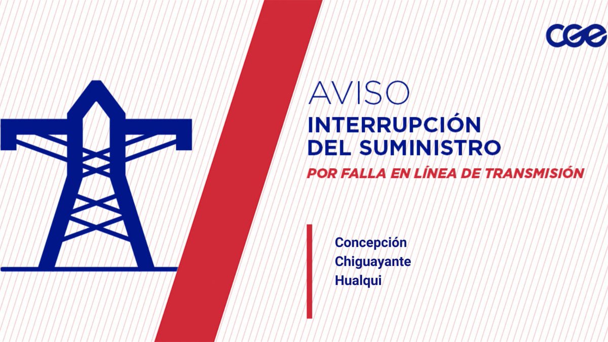 CGE_Clientes's tweet photo. Informamos a nuestros clientes de las comunas de #Concepción, #Chiguayante  y #Hualqui, que la interrupción del suministro eléctrico se debe a una falla en una línea de transmisión. Personal de CGE transmisión realizan maniobras para recuperar el suministro. Seguiremos informando https://t.co/atqAO0nf02