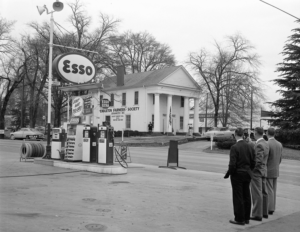 Farmers Hall on the Village Green in Pendleton, 1958. At that time, the post office was on the lower level.

In the late 1860s, Pendleton Farmers Society president Thomas Green Clemson spoke in Farmers Hall about his idea of creating an agricultural college.