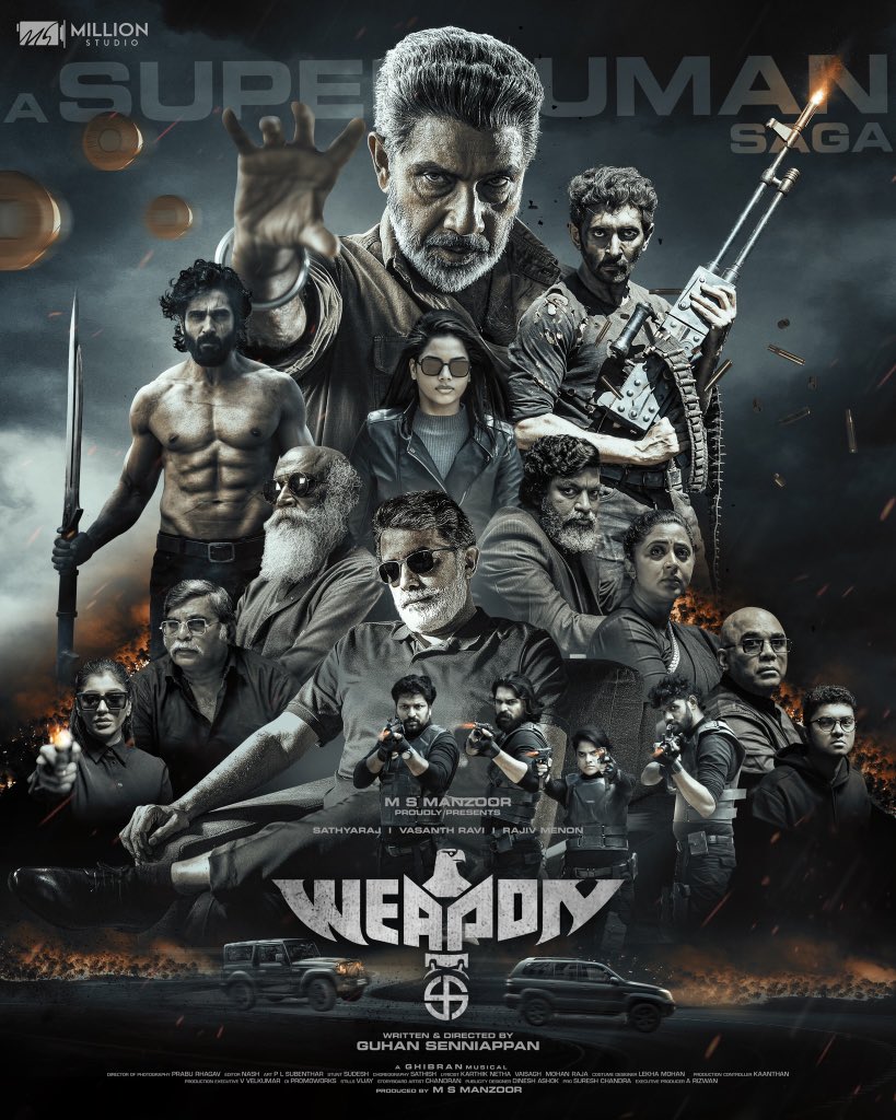 Get Ready for The Super Humans Saga to hit the Screens Soon… Happy to launch new Theatrical Poster of the WEAPON #thehuntbegins #WeaponMovie #வெப்பன் by @millionstudioss @manzoor.msit @guhan_senniappan #Sathyaraj @iamvasanthravi @dirrajivmenon @hope.tanya @ghibranofficial