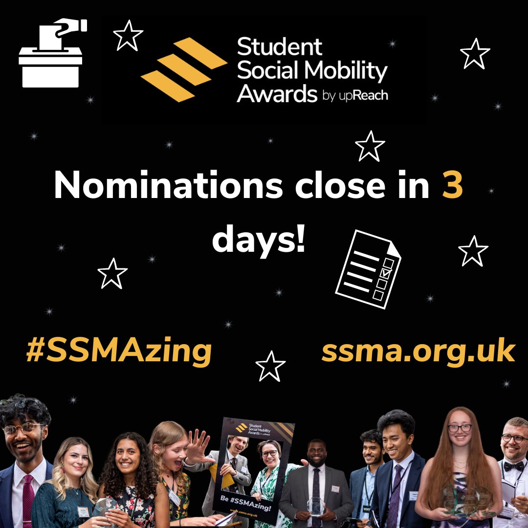 up_Reach's tweet photo. Nominations for the 2023 Student Social Media Awards close in 3 🏆⌛. If you know someone who deserves to be celebrated for their contributions to improving #SocialMobility, nominate them before Monday, April 3, by clicking here. https://t.co/5CvkRVy9pl
#SSMAzing https://t.co/v74kEco7lW