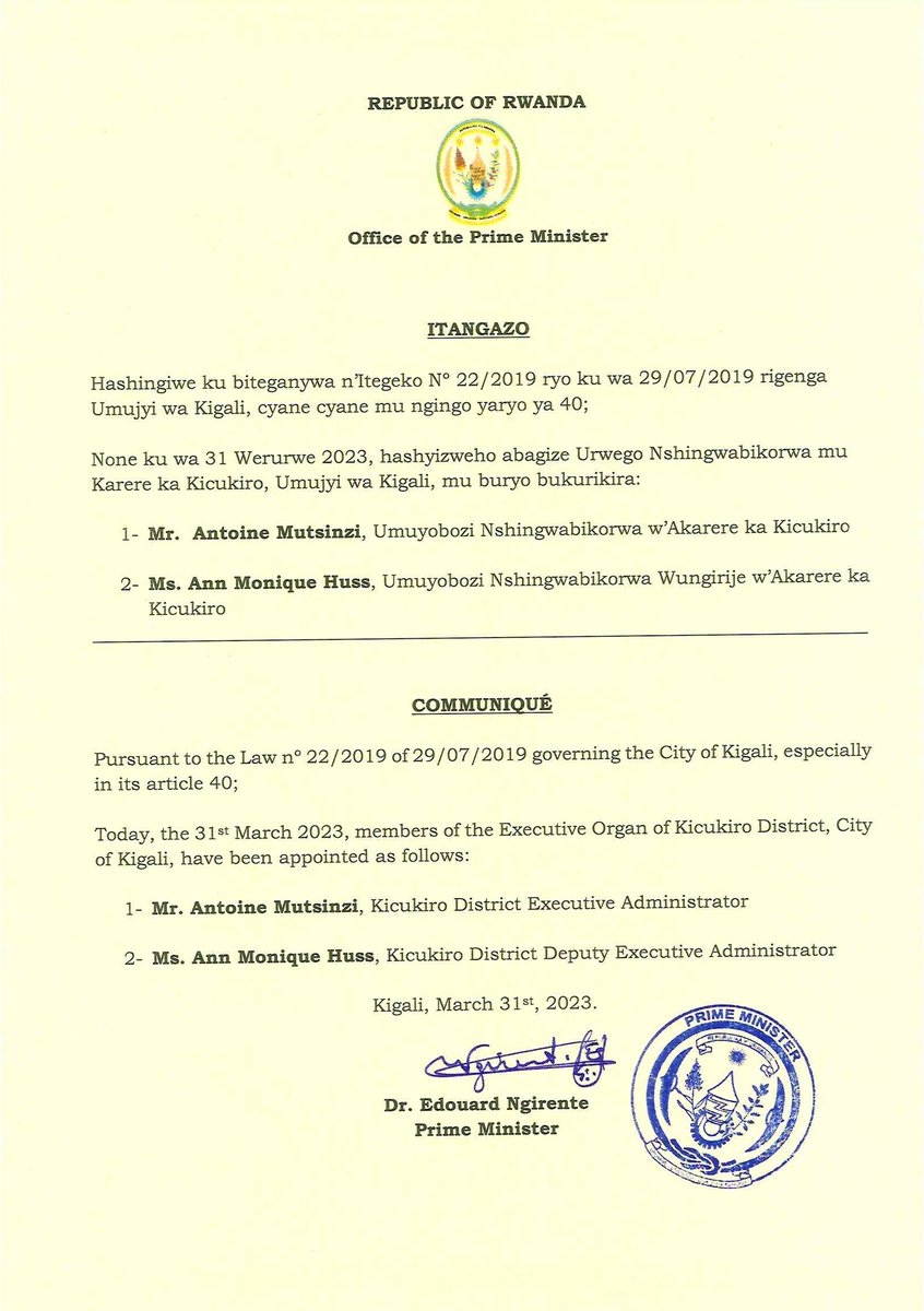 PrimatureRwanda's tweet photo. Itangazo riturutse mu Biro bya Minisitiri w'Intebe | Communiqué from the Office of the Prime Minister https://t.co/jWjDTSwOgO