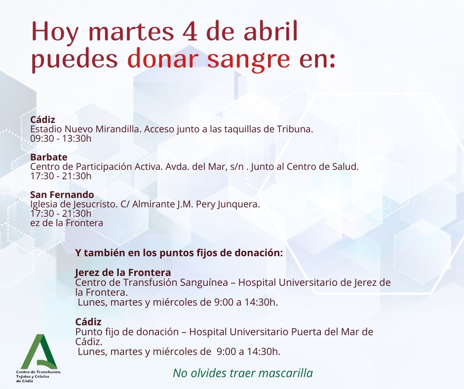 #Martes04. ‼️Estamos en #SemanaSanta necesitamos tu colaboración‼️
Ven a #DonarSangre a alguna de las siguientes localidades:
#Cádiz #Jerez #Barbate o a #SanFernando
Recuerda traer mascarilla.
Muchas gracias.
Compártelo RT🔃
