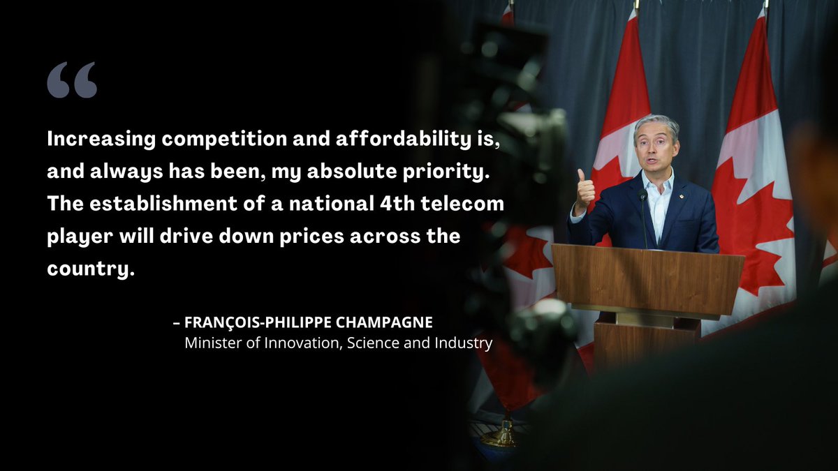 FP_Champagne's tweet image. Canadians pay way too much for their telecom services. That&apos;s why our top priority is to lower prices through increased competition in the telecom sector.

My statement: canada.ca/en/innovation-…