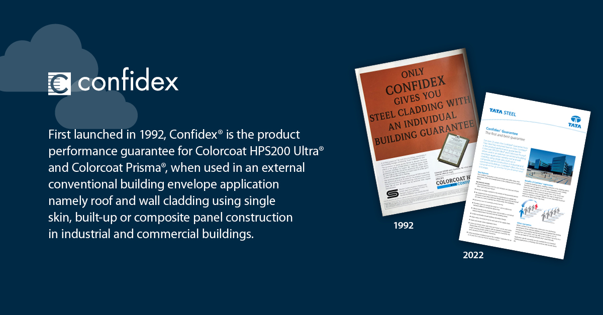 Colorcoat's tweet image. We are pleased to announce our 30-year milestone of the Industry leading Confidex® Guarantee, offered on our Colorcoat Prisma® &amp;amp; Colorcoat HPS200 Ultra® pre-finished steel products, providing peace of mind for building owners. ow.ly/QbqP50Nx0Ng
#guarantee #buildingenvelope