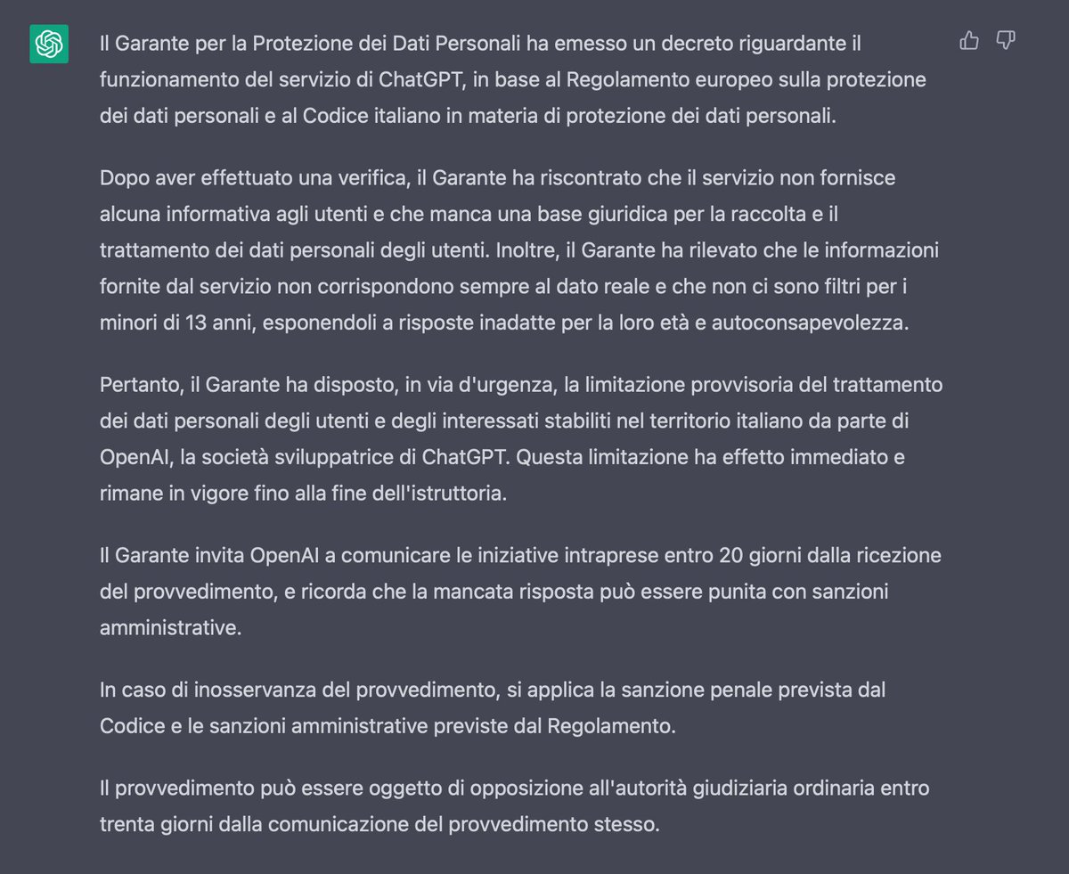 Un aiutino per il #garanteprivacy sulla questione #ChatGPT, courtesy of OpenAI.
La cosa preoccupante è che il riassunto di chatGPT è meglio dell'articolo di spiegazione pubblicato dal Garante. E non ho nemmeno usato GPT-4.