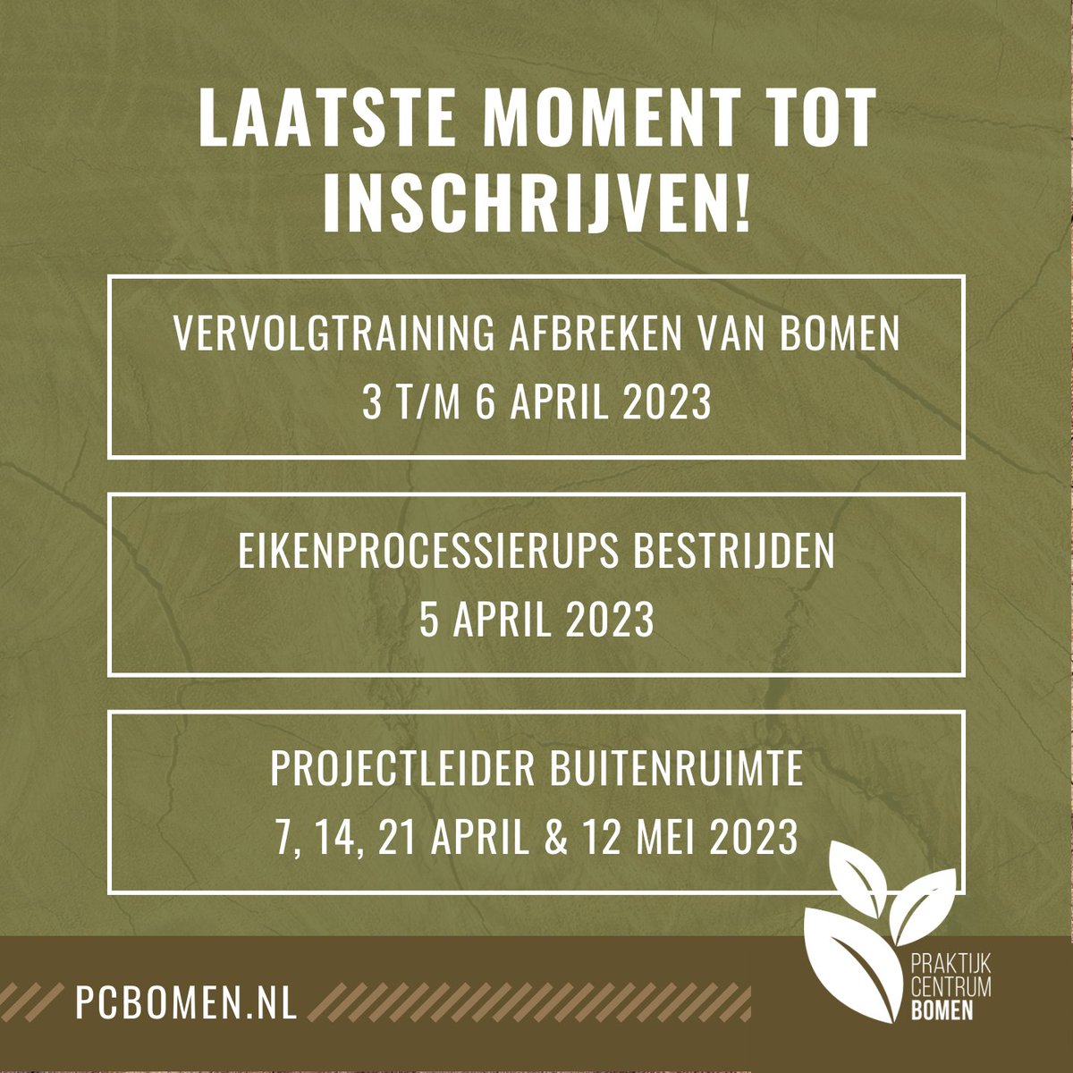 In april starten de volgende 3 trainingen:

👉 Vervolgtraining afbreken van bomen 3 t/m 6 april 2023
bit.ly/2q1fJT6
👉 Eikenprocessierups bestrijden op 5 april 
bit.ly/2DueUJh
👉 Projectleider buitenruimte op 7, 14, 21 april &amp; 12 mei 2023
bit.ly/3CMmlZ1