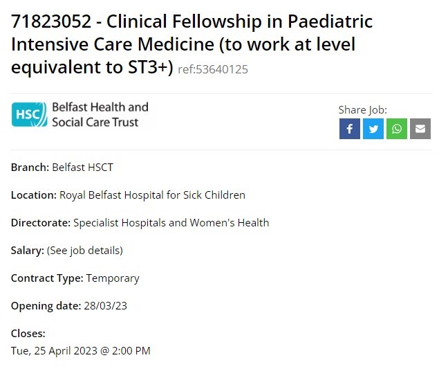 Interested in joining us in the Royal Belfast Hospital for Sick Children for a 6 month Clinical Fellowship in PICU? To find out more and apply see jobs.hscni.net/Job/27682/7182…