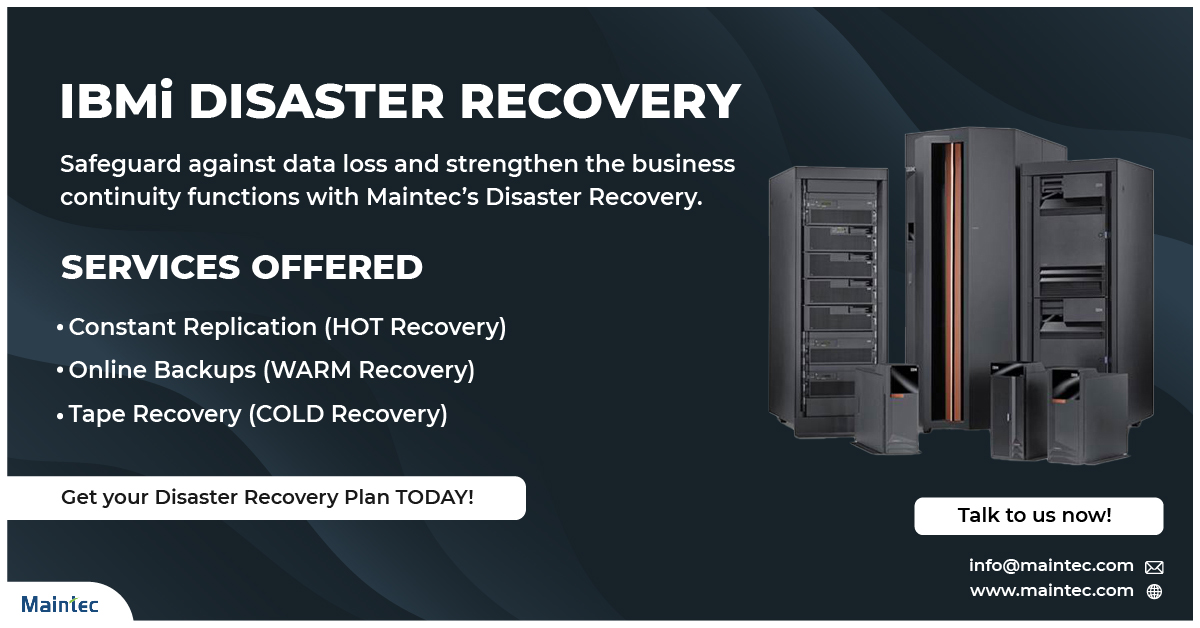 MaintecTech's tweet image. Our disaster recovery services help you to protect your critical systems even during a disaster without any additional infrastructure costs. Contact Us Today! lnkd.in/dskFaPt #disasterrecovery #DRservices #IBMi #as400 #iseries
