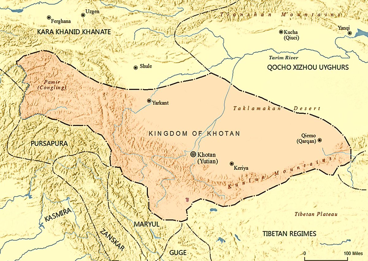 You may have heard that #Tibet was historically very close to #India but did you know the extent of #Indian influence existed beyond #TibetanBuddhism to cover Tarim Basin?  

The Kingdom of #Khotan was founded by a group of exiled Indians during the reign of #Ashoka....1/5