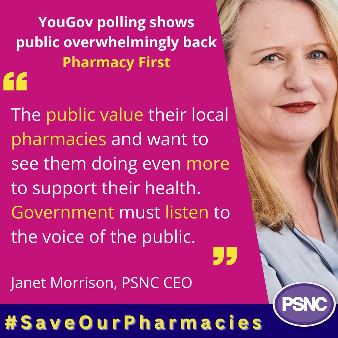📢According to a YouGov poll commissioned by PSNC, the public overwhelmingly supports the introduction of a Pharmacy First scheme in England. It is time for the government to take action❗ ow.ly/O9VH50Nx1Mm

#SaveOurPharmacies