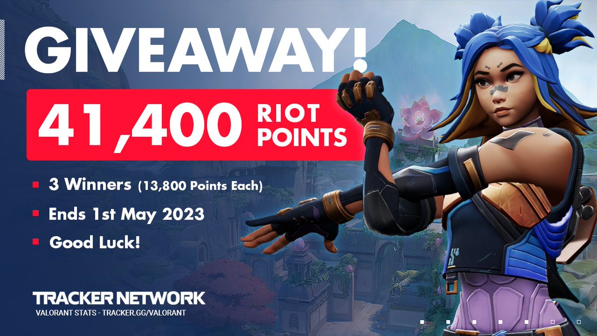 🎉 41,400 RIOT POINTS #GIVEAWAY! 🎉 We're giving away 41,400 RP split between 3 of our #VALORANT app users! 👉 Download our in-game app & enter the giveaway here: go.tracker.gg/aCf2I7 Giveaway ends 1st May. Good luck!
