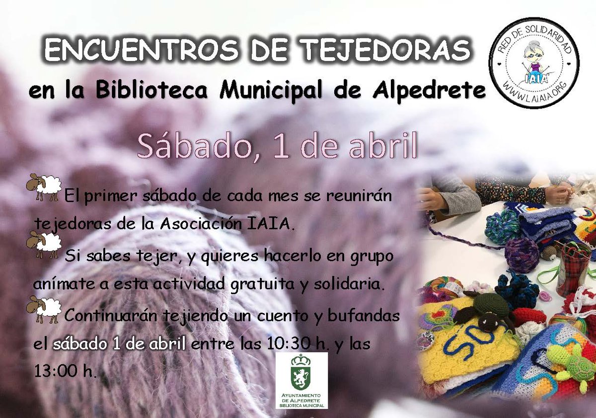 AlpedreteAyto's tweet image. Mañana es primer sábado de mes y las tejedoras de la asociación IAIA  se reúnen en la #bibliotecamunicipal, con su proyectos solidarios.
🕥🕐De 10:30 a 13:00 h.

🧶Si te animas a #tejer con ellas, no hace falta que traigas material, ¡sólo ganas de tejer!
alpedrete.es/evento/44635/