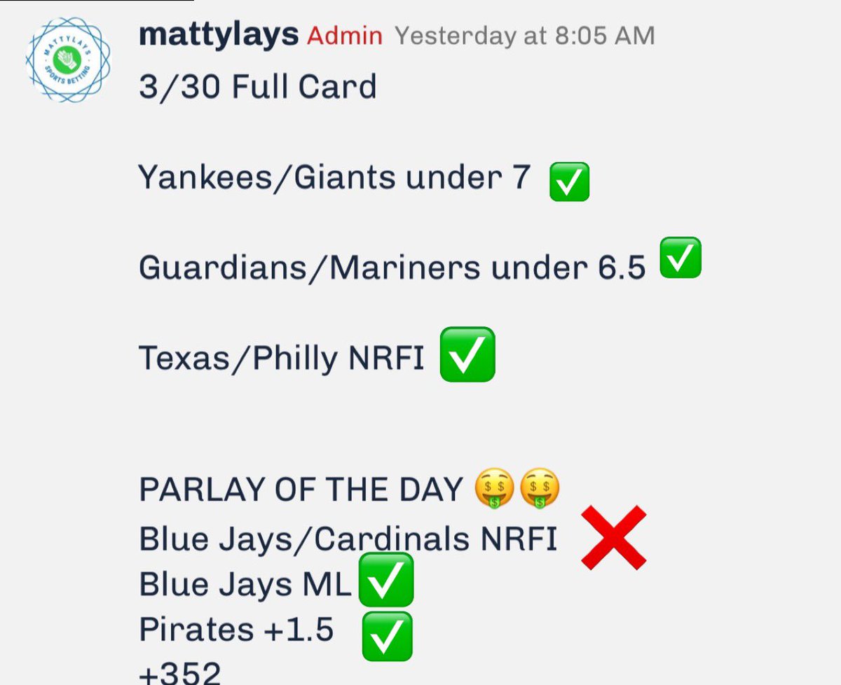 MattyLays's tweet photo. Good morning everyone💎

1-1 one free plays we gave out‼️

Our VIP members really profited last night going 3-0 on our straight bets and our parlay missing by 1 leg 

DM for packages💎🔥

Stay tuned for picks today💎
#sportsbettingpicks #sportsbettingadvice #MLB #OpeningDay2023 https://t.co/yfy8u4AhFR
