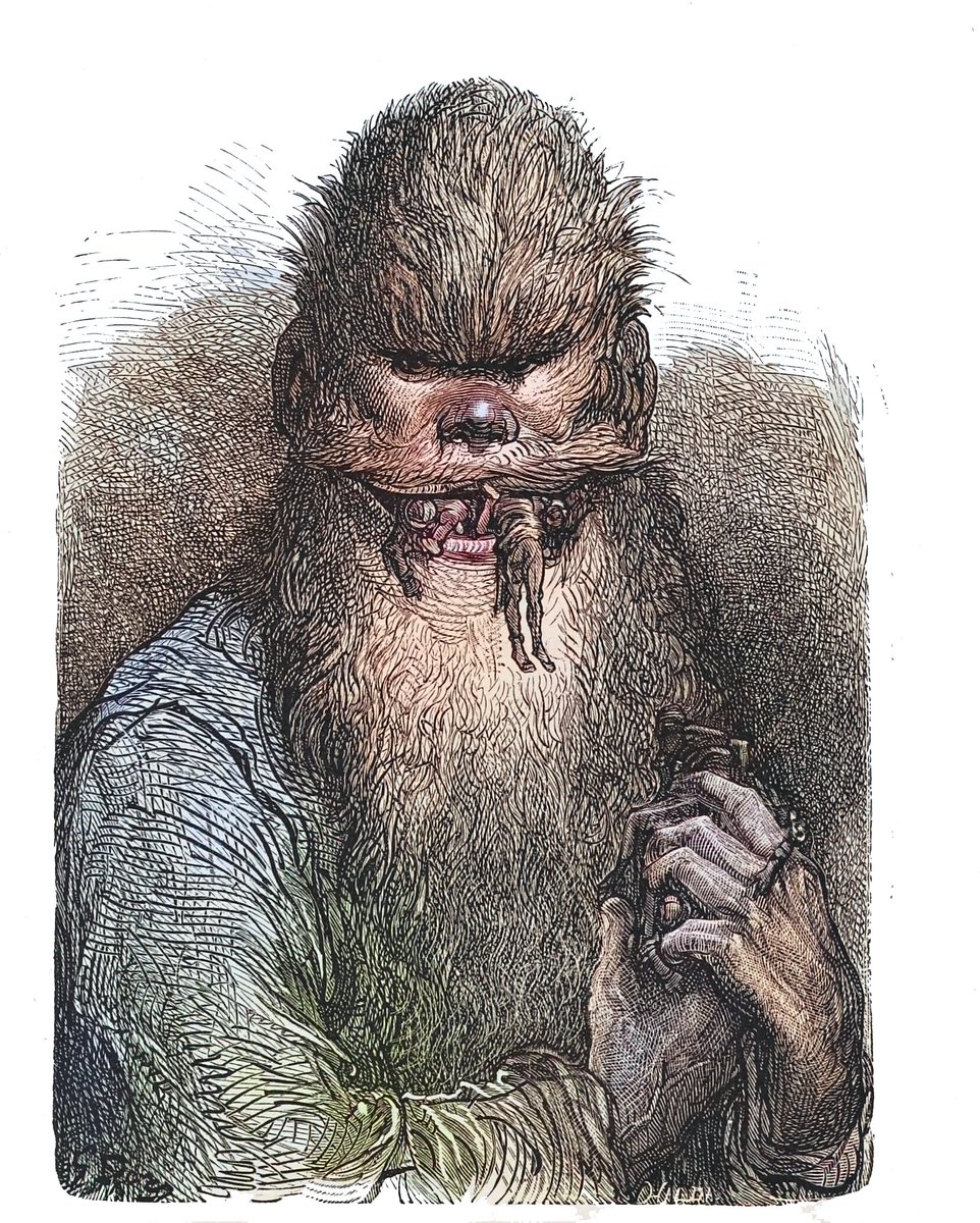 God forbid, Lord, that you should ever see with your eyes the horrible face of the Ogre!
Colorised Ogre etching from Orlando Furioso 
--
#GustaveDoré 
#gothicspring #GothicBeauty #SpringVibes #superstitiology #bookwalker #bookworms #Ofdarkandmacabre #DailyFolklore #FaustianFriday