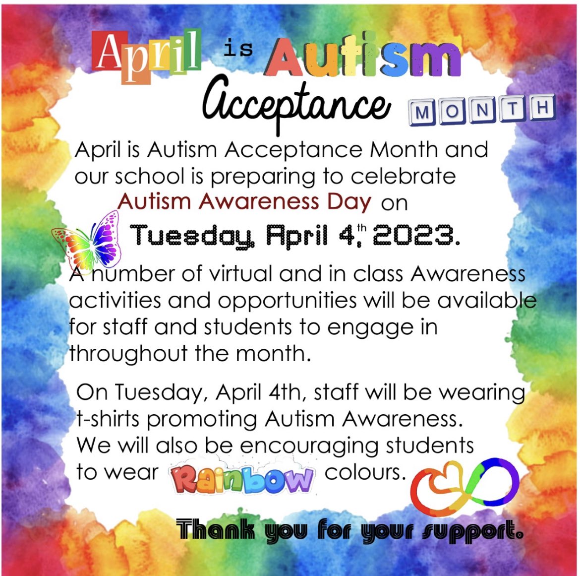 Mrs. Isaac (She/Her) (@mrs_a_isaac) on Twitter photo On Tues. April 4th, join <a href="/StAlfred_dpcdsb/">St. Alfred School</a> in observing #AutismAcceptanceMonth by wearing any colour of the rainbow 🌈. The 🌈♾️ infinity visual symbolizes the broad and varied spectrum of abilities & experiences. I am blessed to learn from my students each day! #MissEastSERTS On Tues. April 4th, join <a href="/StAlfred_dpcdsb/">St. Alfred School</a> in observing #AutismAcceptanceMonth by wearing any colour of the rainbow 🌈. The 🌈♾️ infinity visual symbolizes the broad and varied spectrum of abilities & experiences. I am blessed to learn from my students each day! #MissEastSERTS