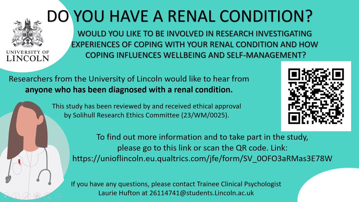 Do you have a renal condition? We would like to hear from you! To get more information and to participate in a study exploring coping and self-management, please click the link: unioflincoln.eu.qualtrics.com/jfe/form/SV_0O…