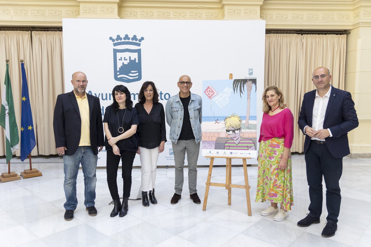 FLMalaga's tweet photo. ¡Ya estamos de vuelta! 📚 La 52 edición de la #FeriaLibroMálaga2023 calienta motores para su celebración, del 28 de abril al 7 de mayo en la Plaza de la Marina. Así de bonito es el cartel de este año, a cargo del ilustrador Pepo Pérez, que se ha presentado hoy en el Ayuntamiento https://t.co/BsiG6hDulX